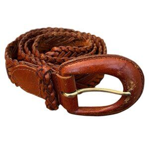 Tracy Maxwell Ladies 3x Red Brown Leather Belt Braided Woven Covered Buckle 48"